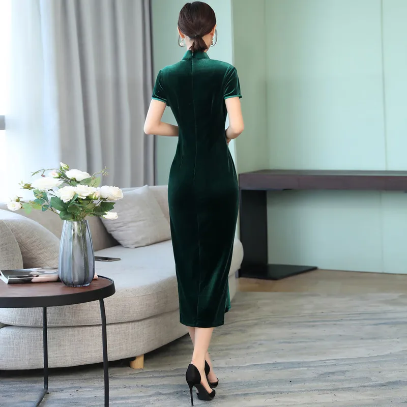 Новое поступление, модное зеленое велюровое Мини Cheongsam китайское женское платье, элегантное Qipao Vestidos, размер S M L XL XXL XXXL 27599A