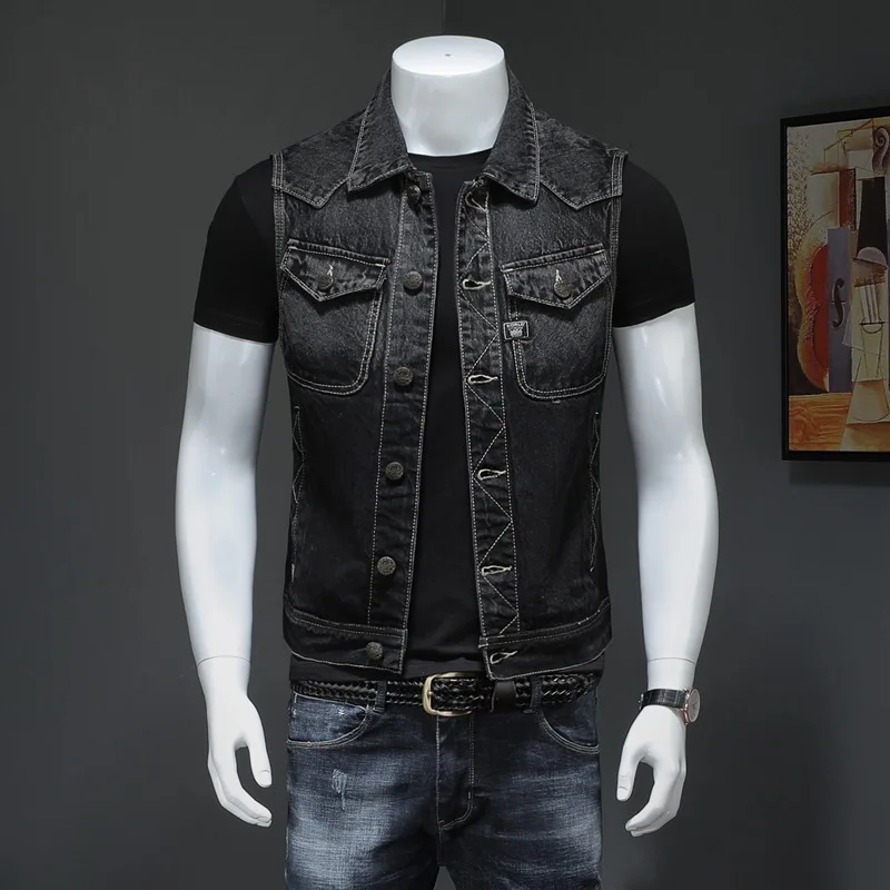 Мотоциклетный черный мужской джинсовый жилет, винтажная Байкерская джинсовая куртка без рукавов, однобортный модный жилет для работы, мужской жилет с множеством карманов