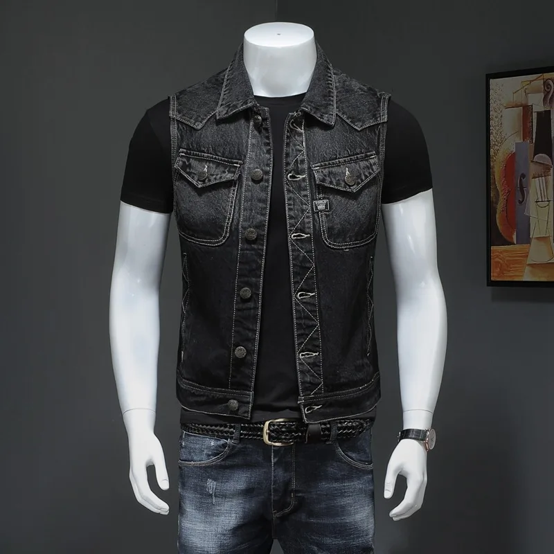 Motorcycle Black Men Denim Vest Vintage Sleeveless Biker Jean Jacket Single Breasted Fashion 