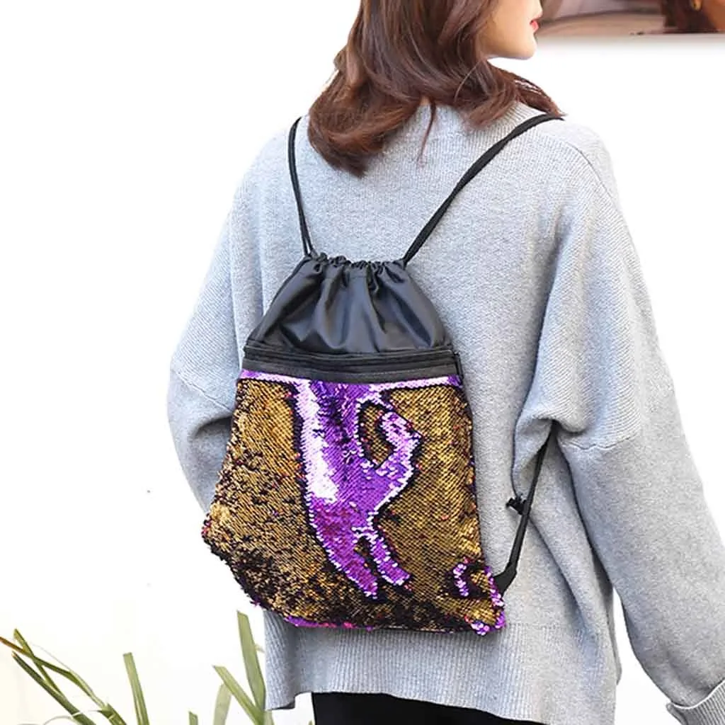 

Beach Bag Outdoor Backpack Fitness Bag Sequins Bunch Pocket Female Drawstring Youth Backpacks for Teenage Girls mochila
