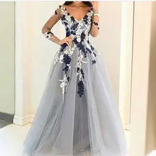 Light Gray Tulle Prom font b Dress b font 2017 Long Sleeves Flower font b Evening