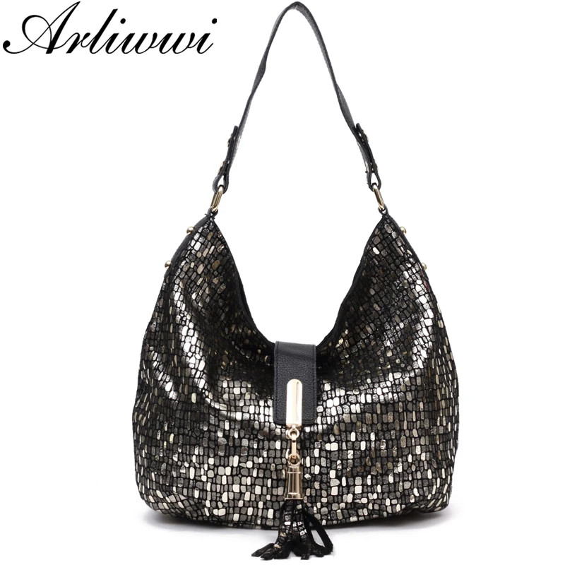 Arliwwi Hobos Style Graceful Tassel Genuine Leather Shiny Prints Arliwwi Hobos Style Graceful Tassel Genuine Leather Shiny Prints Handbags Lady Real Soft Bags Fashion New In Shoulder From Luggage On