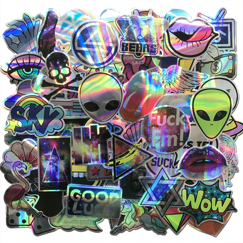 AQK 60Pcs/Lot Cool Motorcycle Laser Stickers Bomb Tide Brand ET Alien Decals For Skateboard Luggage Laptop Notebook Guitar Car