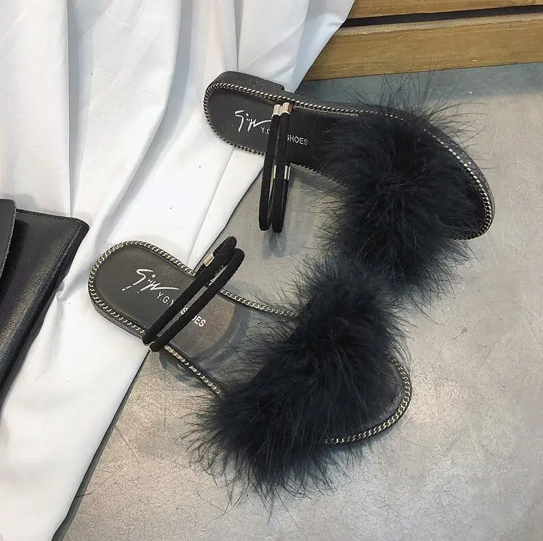 Летние женские меховые шлепанцы; женские меховые вьетнамки на плоской подошве; повседневные пляжные сандалии; женская обувь из пушистого плюша; mujer zapatos;#646 - Цвет: Black