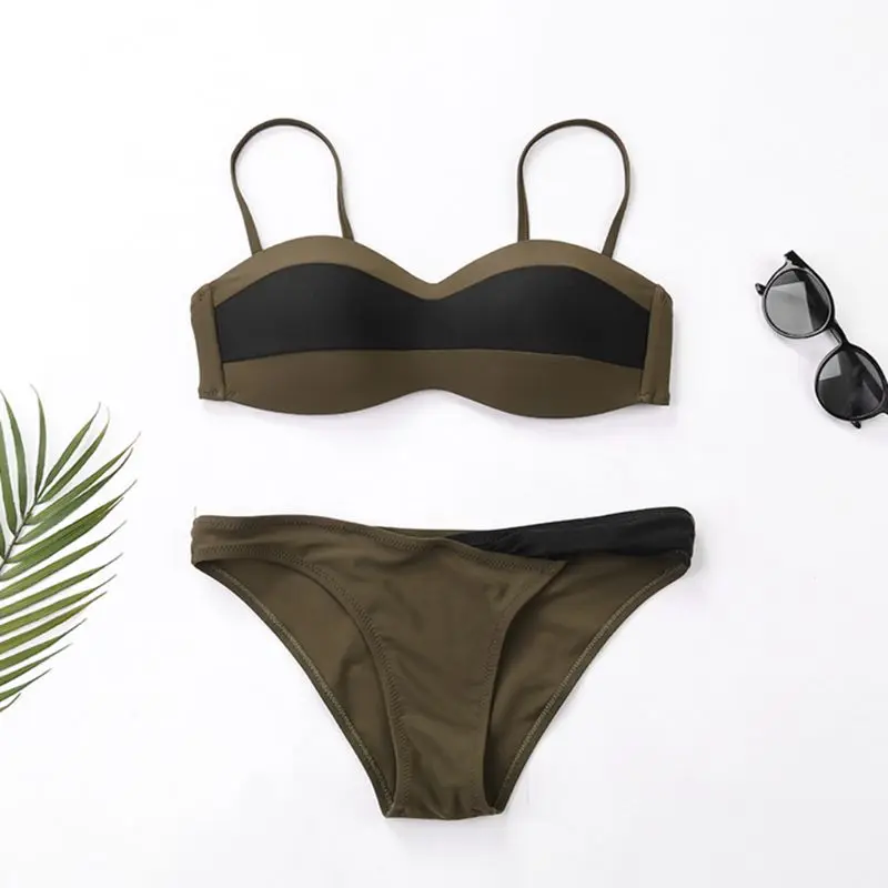 

Women Sexy Two Piece Bikini Set Detachable Spaghetti Straps Bra Low Waist Thong Solid Color Block Patchwork Swimsuit Beachwear