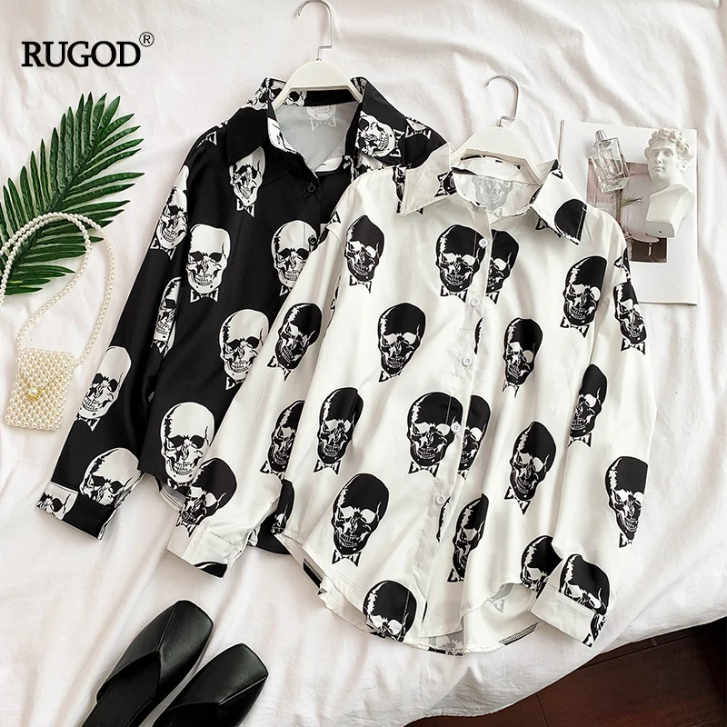 RUGOD/Женские блузки с принтом черепа Элегантные модные шелковые мягкие уличные