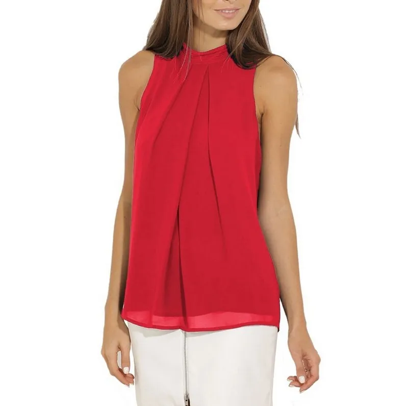 Women Shirts Blouses Top 2017 Summer Fashion Solid Hanging neck Sleeveless Chiffon Shirt Plus Size 3XL Clothing |
