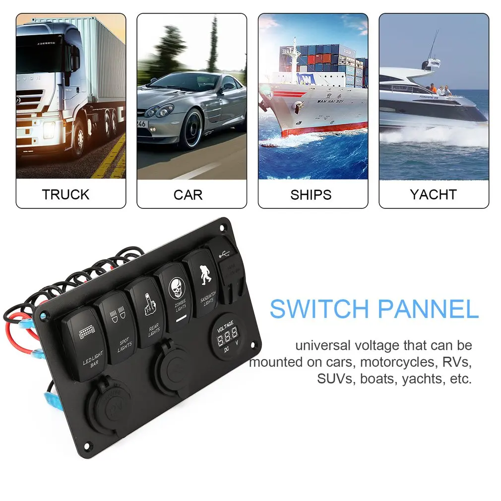 

5 PIN 6 Gang Car Marine Boat Caravan Led Rocker Switch Panel With Dual USB Charger Cigarette Socket 12v 24v Auto Switches