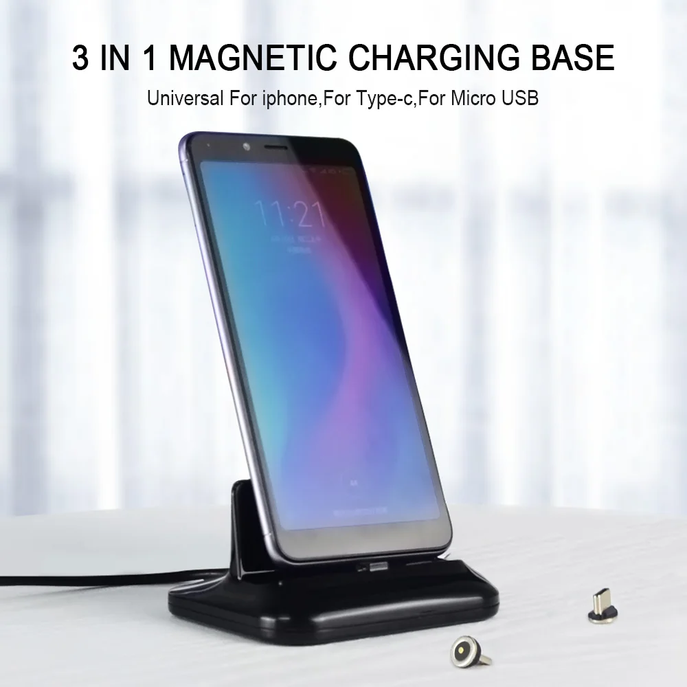 

3 In 1 Magnetic Fast Charging Holder Stand for Iphone 8 X Plus Samsung Xiaomi Micro USB Type-C Lighting Magnet Charger Bracket