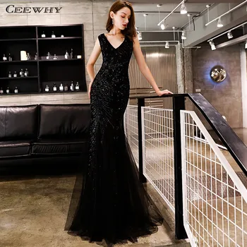 

CEEWHY Sleeveless Black Evening Dress Arabic Sequin Mermaid Dress Evening Gown 2019 Prom Dresses Vestido Sexy Fiesta Noche