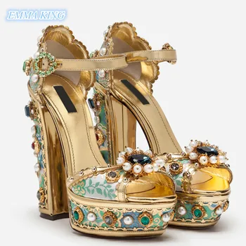 

2019 Court Style Embroidered Rhinestone Embellished Luxury Chunky High Heels Sandals Women Peep Toe Ankle Buckle Platform Sandal
