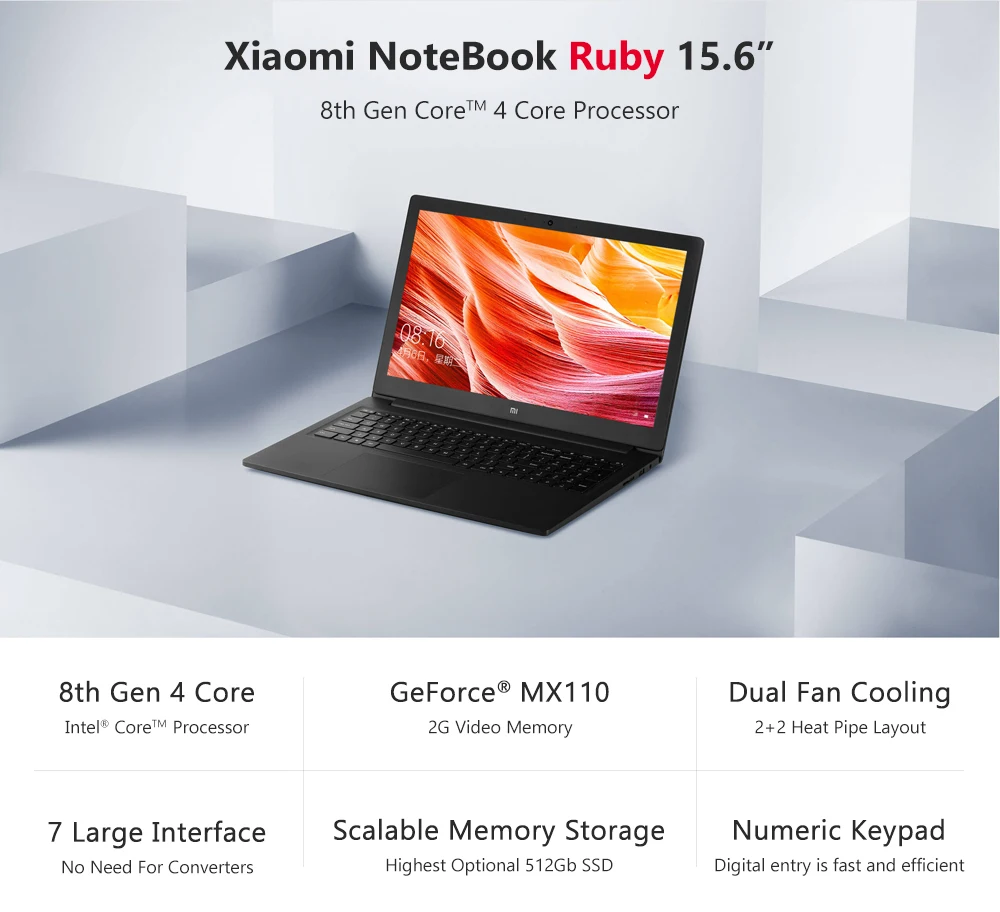 2019 Xiaomi Mi Ruby 15,6 дюймов ноутбук MX110 8th Intel Core I5/I7 четырехъядерный 8 Гб DDR4 512 ГБ SSD клавиатура с подсветкой Windows10 ноутбук