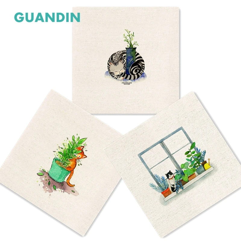 

GUANDIN,Hand Dyed For Sewing&Quilting Table Mat/Mouse Pad/Bag/Craft 20*20cm/Plain Printed Cotton Linen Fabric Fox & Cat Pattern
