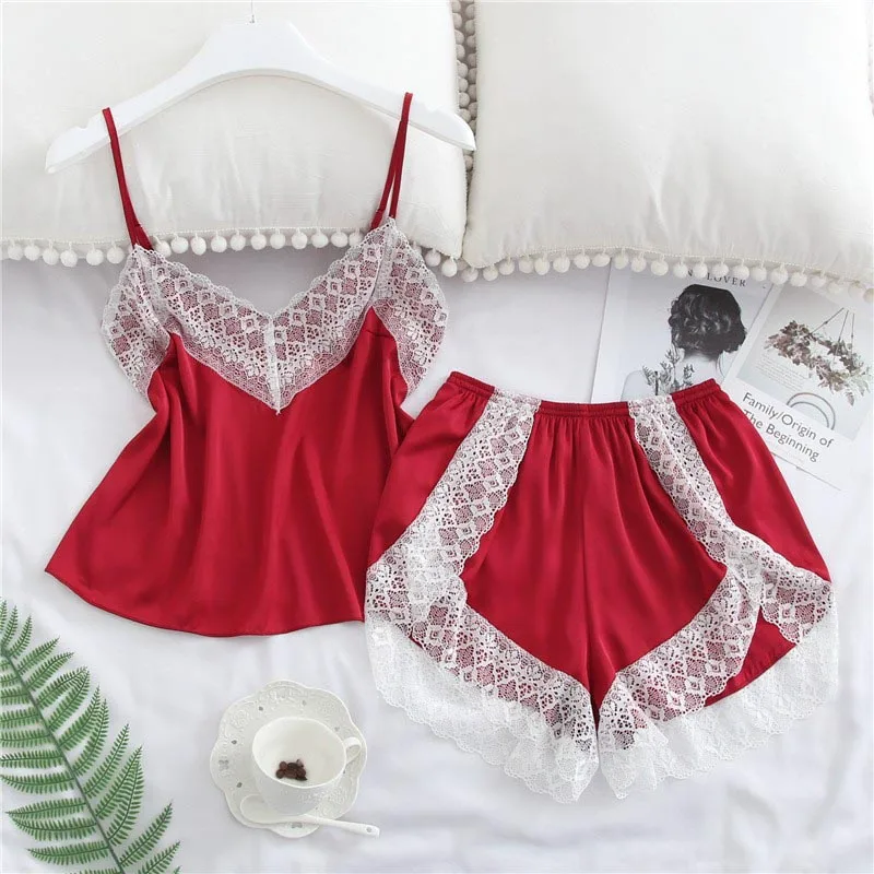 Women's Sleepwear Sexy Satin Pajama Set Lace V-Neck Pyjamas Sleeveless and Shorts pajamas for women Women's Sleepwear Sexy Satin Pajama Set Lace V-Neck Pyjamas Sleeveless and Shorts pajamas for women