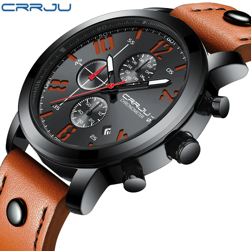 

CRRJU Brand Men Watch Multi-function Six Needles Chronograph Watch Leather Strap Run Sports Watch Waterproof 3Bar Military Clock
