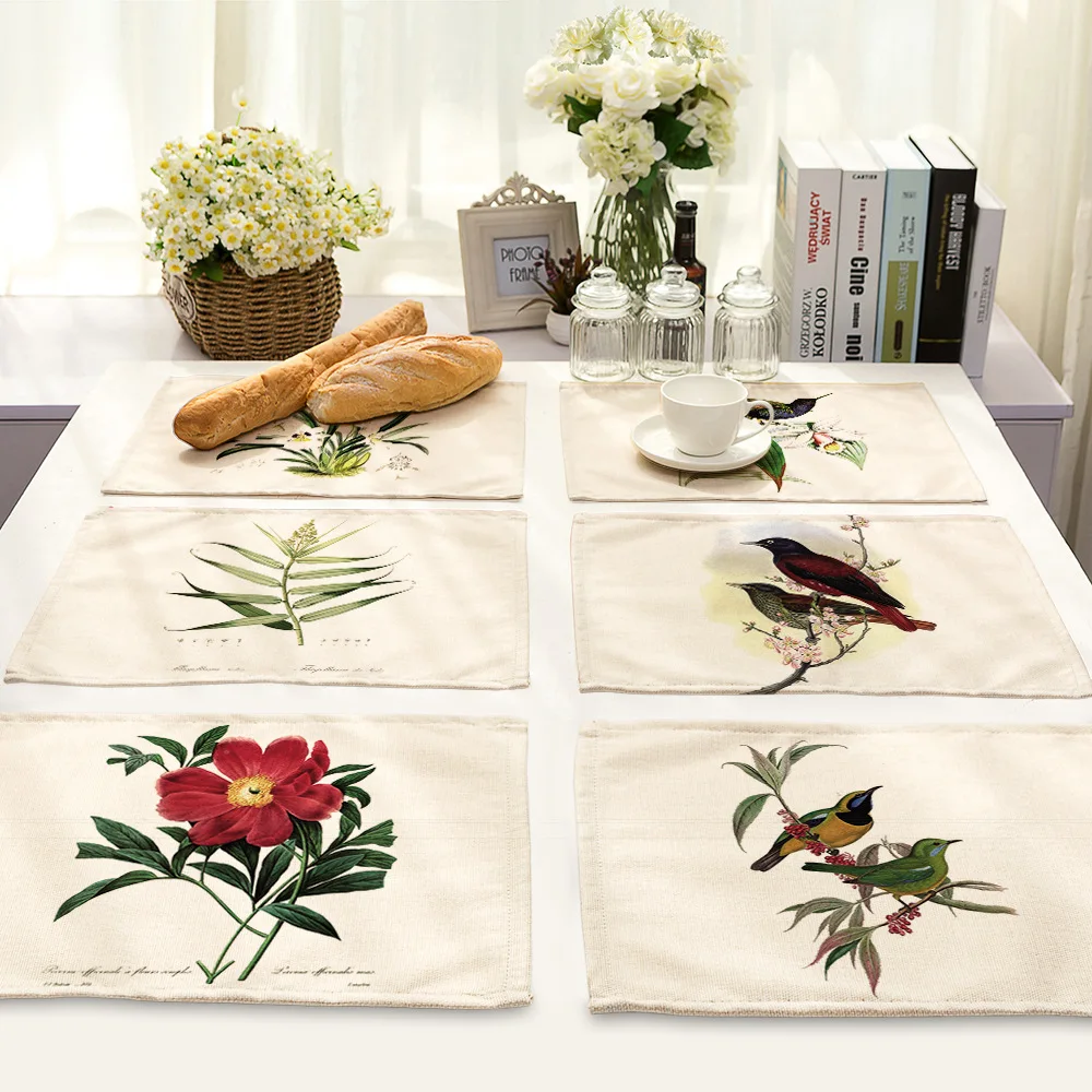 Pastoral 42x32cm Kitchen Dinner Table Mats Cotton Linen Table Napkin Flower Bird Pattern Decorative Placemats Coaster Wine Mat