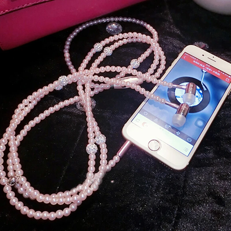 New Pink rhinestone Jewelry Pearl Necklace Earphones With Microphone Earbuds for iphone Xiaomi Brithday Gift