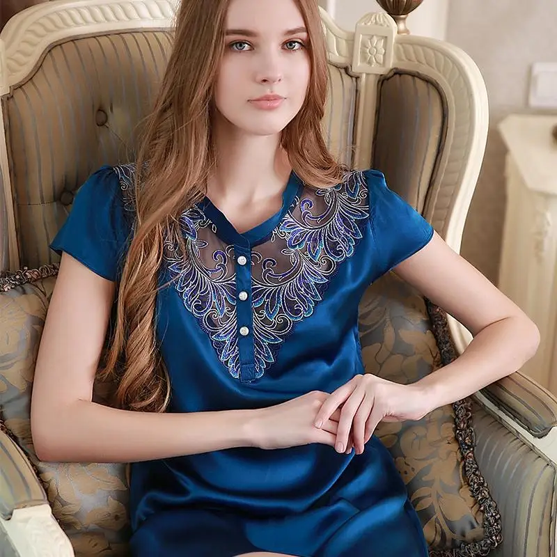 Sexy Silkworm Silk Women Nightgowns 100% Silk Sleepwear Female Summer Short Sleeve Sleeping Dress Sweet Lace Nightdress YF1610