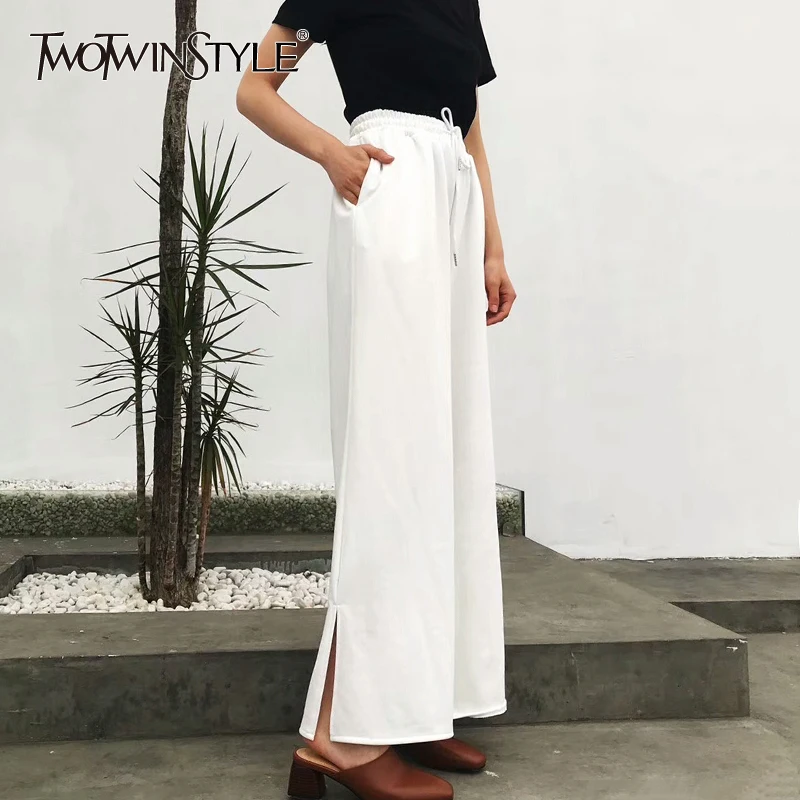 

TWOTWINSTYLE Split Pants Female Elastic High Waist Lace Up Pocket Oversize Casual Wide Leg Trousers For Women 2018 Fashion New