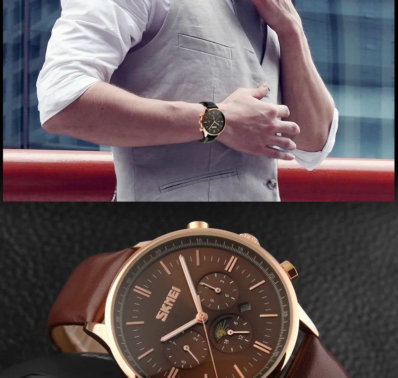 SKMEI модные часы мужские деловые кварцевые наручные часы 30 м водонепроницаемые повседневные кожаные Брендовые повседневные часы Relogio Masculino 9117