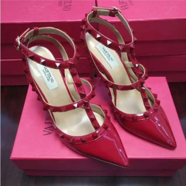 

women v brand shoes high heel sandal rivets pumps cow patent leather 10cm thin heel fashion wedding shoes nude black women shoes