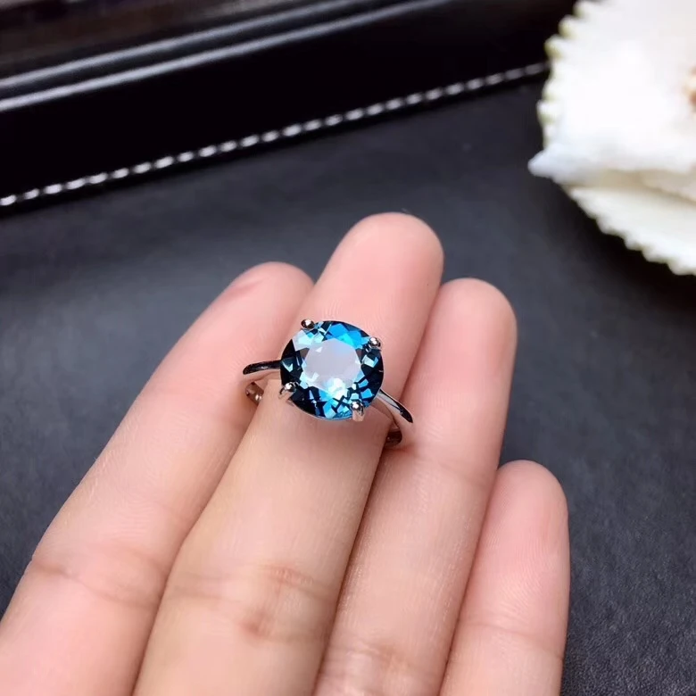 Ocean-Themed Sterling Silver Ring with Faceted Blue Topaz - Marine