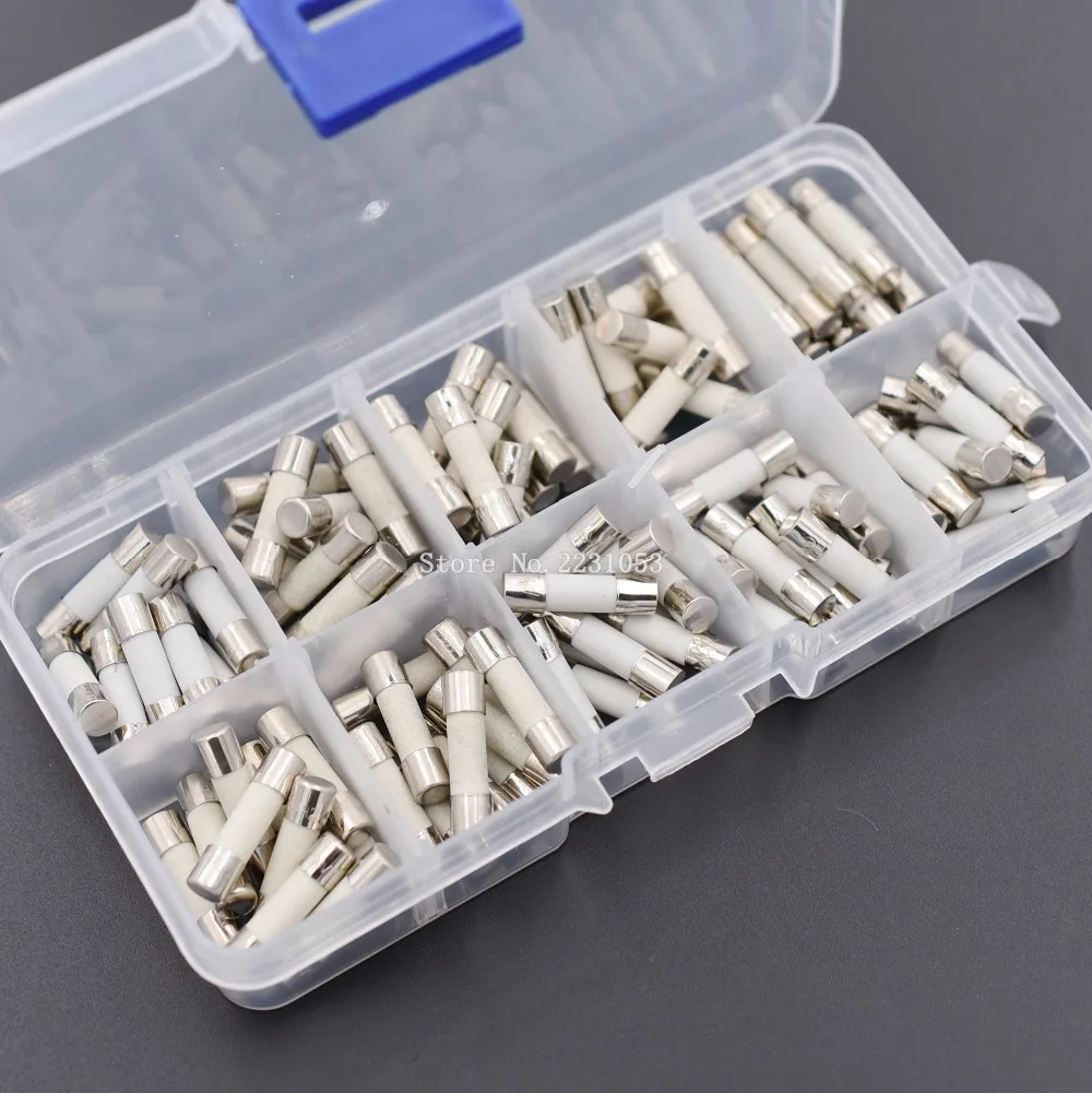 100 piezas de cerámica fusibles Kit de caja lenta 5mm x 20mm T 1A 2A 3.15A 4A 5A 6A 8A 10A 12A 15A/250 V 5*20 protectora seguro tubo conjunto