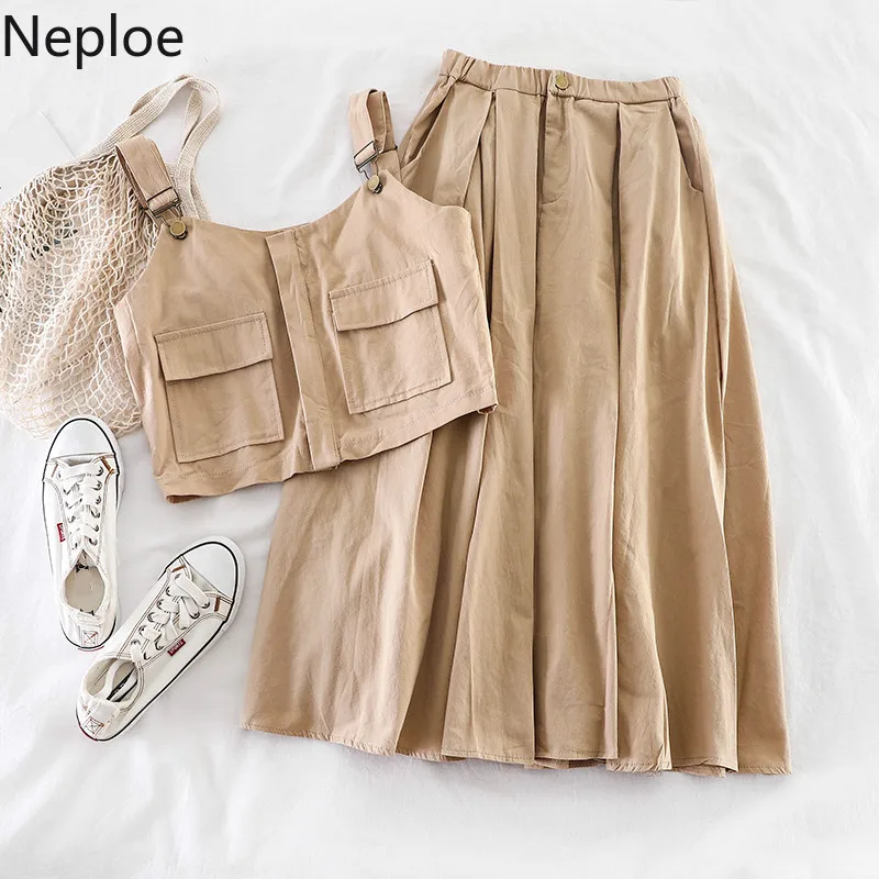 

Neploe Summer Skirt Set Clothes Women Solid Sleeveless Crop Tops+Skirt Suit Female 2 Piece Set Fashion Ladies Matching Outfits