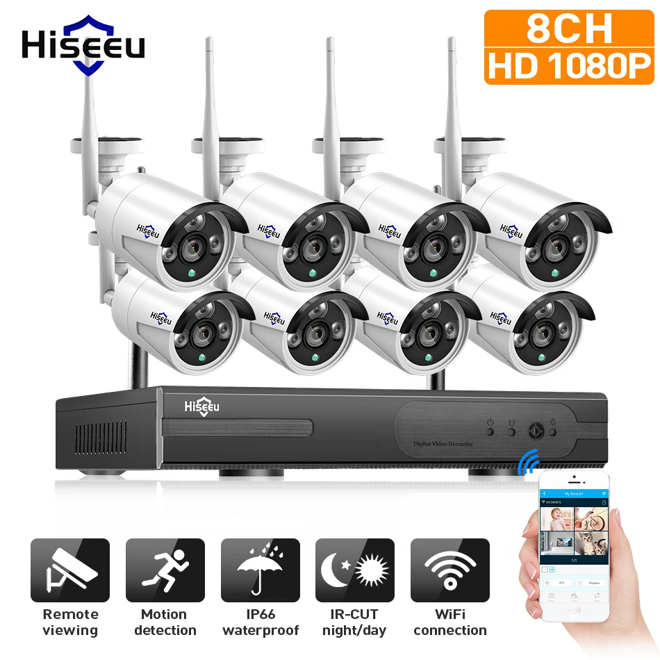 Hiseeu HD 1080 P Беспроводная система видеонаблюдения 2 м 8ch HD Wi-Fi NVR комплект Открытый ИК ночного видения IP Wifi камера система безопасности