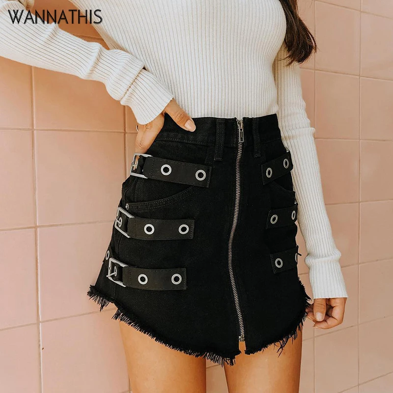 

WannaThis High Waist Short Skirt Metal Ring Zippers A-Line 2019 Summer Women Cowboy Skirts Streetwear Mini Sexy Irregular New