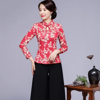 

Chinese Style Printed Lady Shirt Classic Mandarin Collar Tang Blouse Elegant Women Slim Long Sleeve Clothes Large Size 3XL 4XL