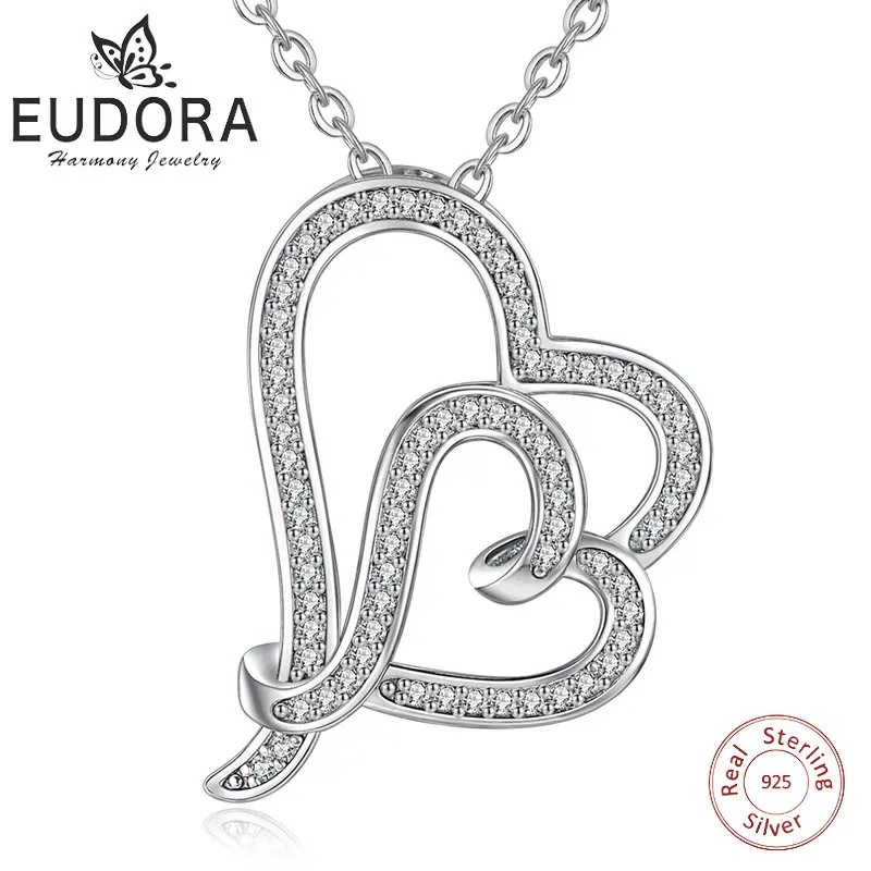 Ожерелье с кулоном Eudora из серебра 925 пробы прозрачным фианитом и двумя сердцами