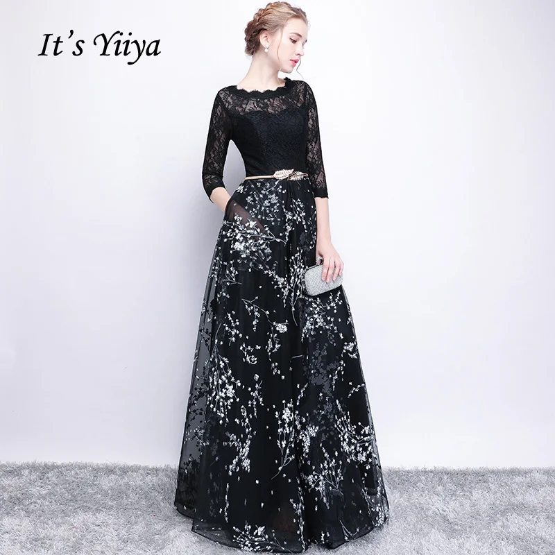

It's YiiYa Half Sleeves Bow Floral Print Elegant Lace A-line Zipper Dinner Party Frocks Dress Floor Length Evening Dress YS009