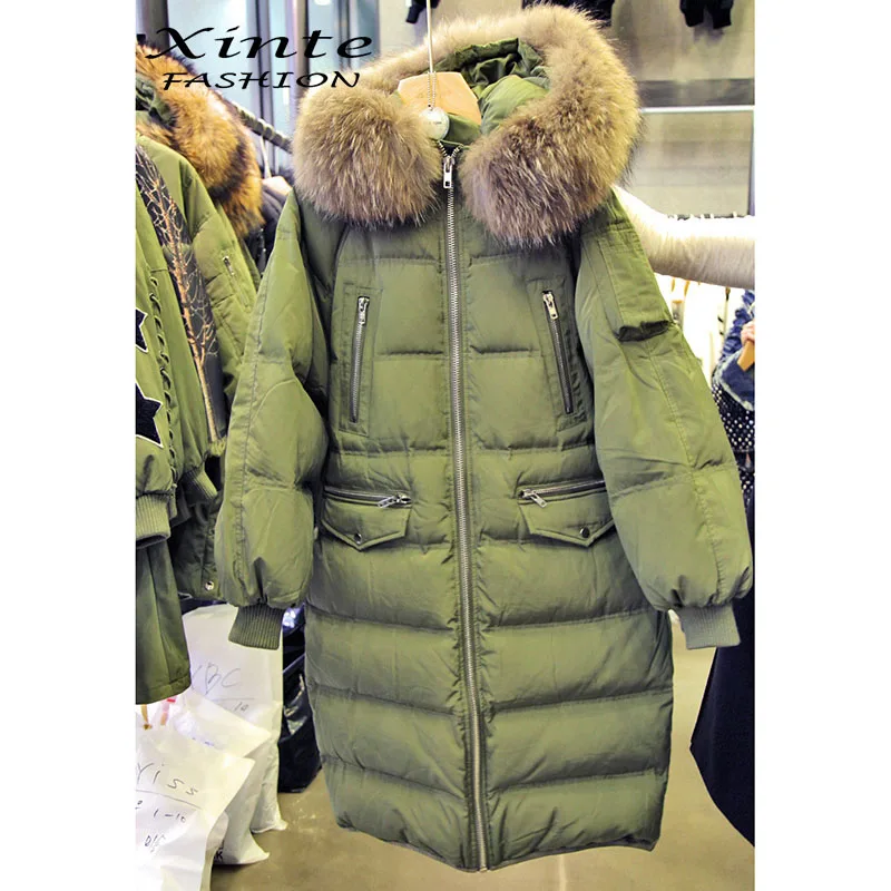 2017 Women Winter Down Jackets Long Coat South Korea Coats with Big Real Fur Trim Hooded Outwear 