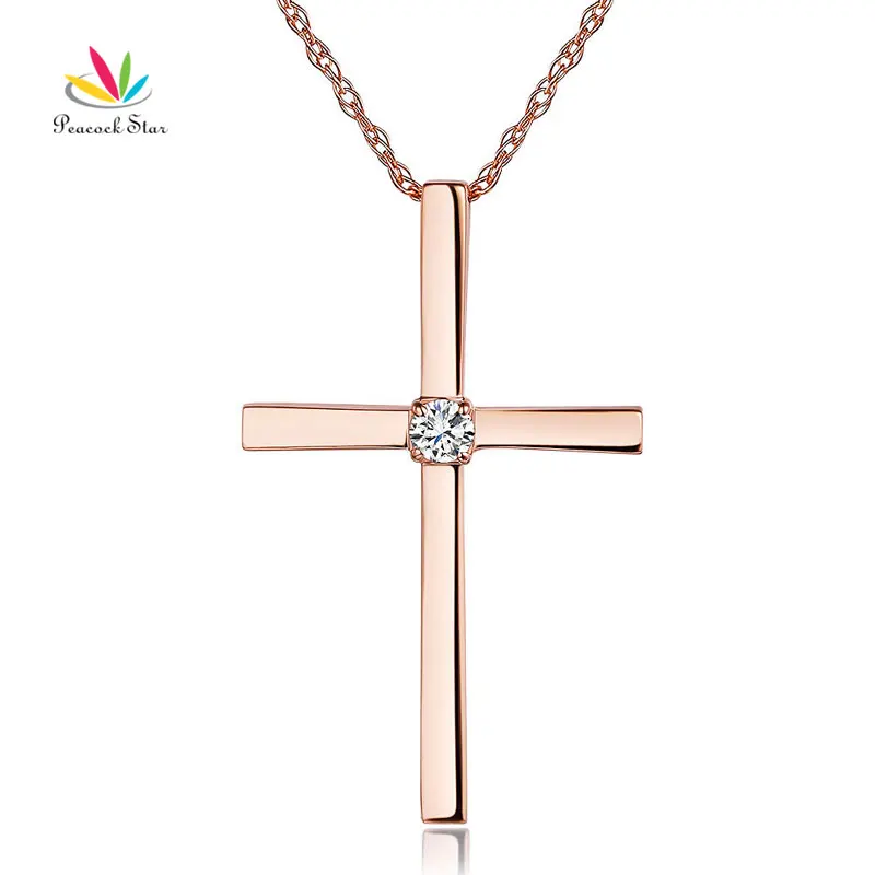 

Peacock Star Fine 14K Rose Gold Cross Pendant Necklace 0.08 Ct Diamonds