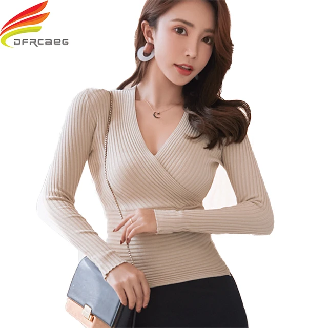 US $9.52 2019 New Sexy Deep V Neck Sweater Women's Pullover Casual Slim Bottoming Sweaters Female Elastic Co