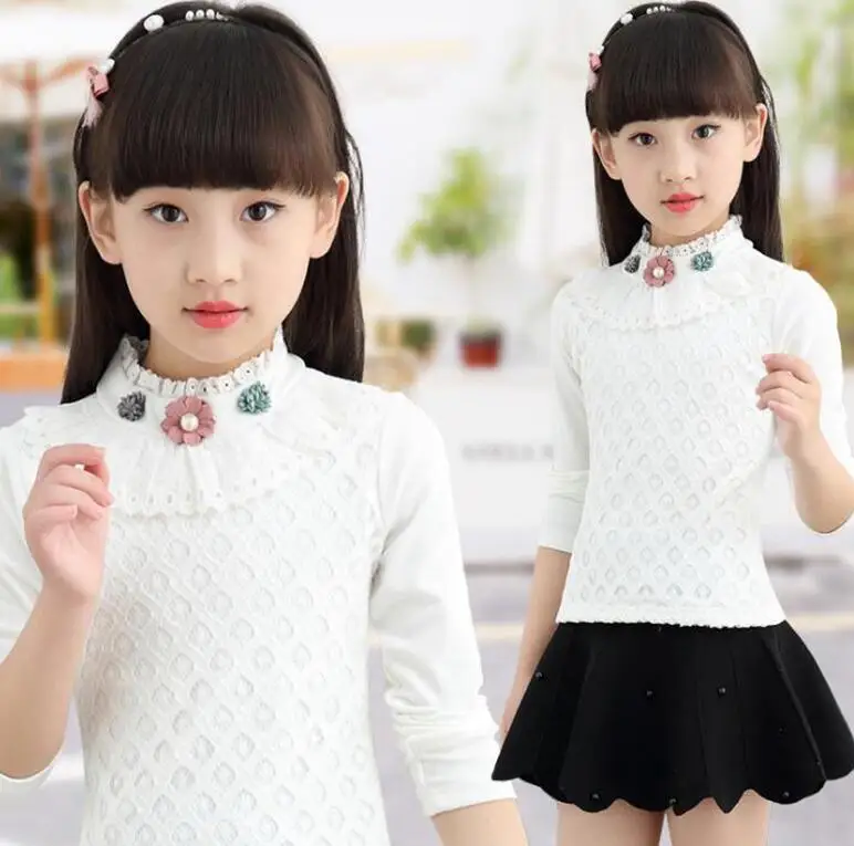 Коллекция года, осенне-зимняя школьная блуза с длинными рукавами и кружевным жемчугом для девочек белые топы и блузки для маленьких девочек Детские рубашки JW4943 - Цвет: flowers white