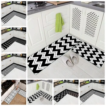 

Creative Kitchen Long Carpet Black White Geometric Polyester Rubber Slip-Resistant Front Doormat Corridor Washable Bath Tapetes