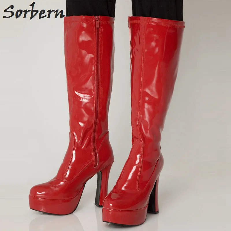 Sorbern 2018 Women Boots Fashion 12CM Chunky Heel +4CM Platform GOGO Boot Knee High Shoes Sexy Round Toe Zipper Woman Shoes