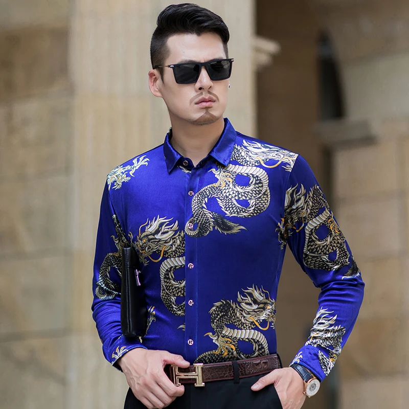 

New arrival 2018 autumn mens gold velvet dress shirt male casual long sleeve dragon pattern velvet clothes shirt