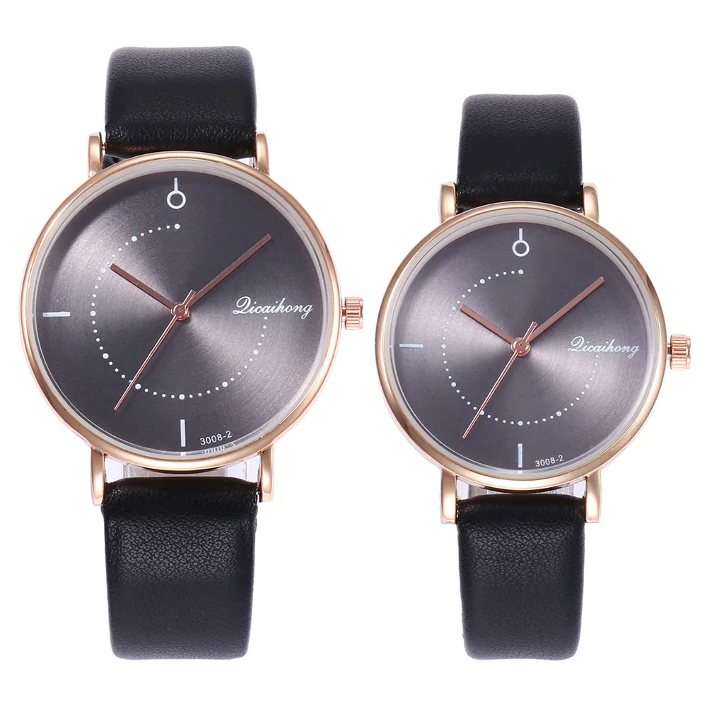 2 шт пары Мода кожаный ремешок аналоговые кварцевые круглые наручные часы# NE1016 - Цвет: black