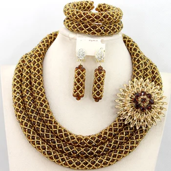

2016 HOT Nigerian Wedding Bridal Necklace Set Brown Crystal Beads Jewelry Set African Costume Jewelry Set Free Shipping AMJ608