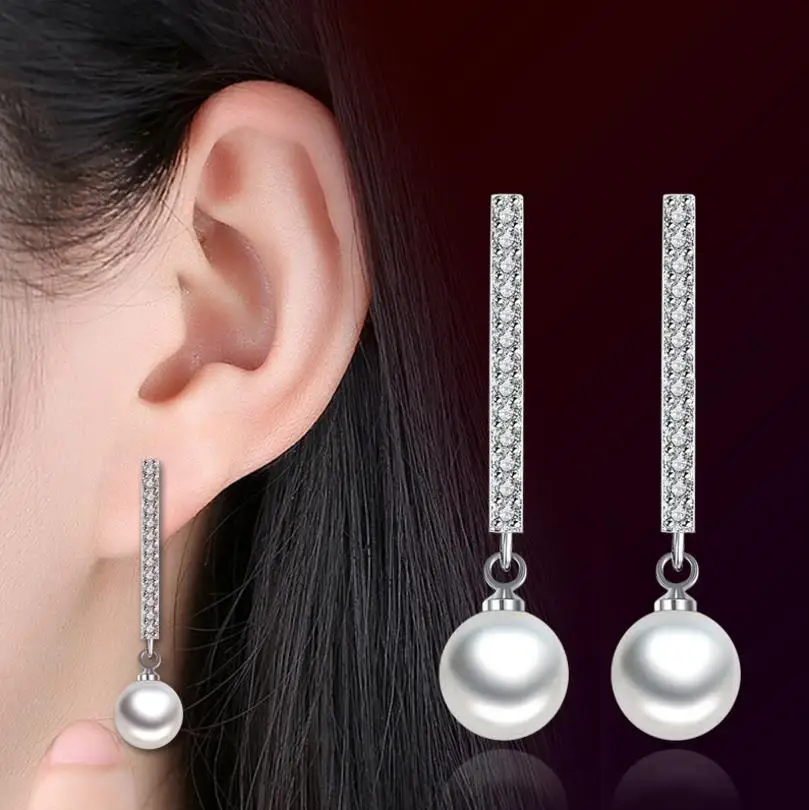 

Korea All Match Earrings Jewelry 925 Sterling Silver White Pearl Crystal Push-back Stud Earrings For Women Fashion Jewelry 5Y370