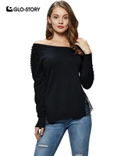 GLO-STORY 2018 Fashion Women Off-Shoulder Solid Pullover Sweater Beading Lace Open Hem Sexy Female Knitted Tops WMY-4972