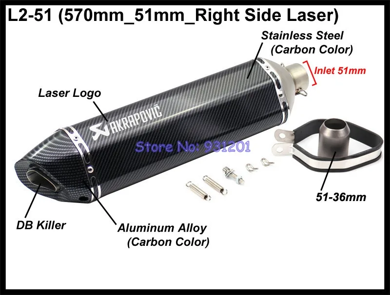 570mm/470mm/370mm entrada 51mm 61mm Universal motocicleta Akrapovic escape tubo de silenciador en Escape fibra de carbono buscando