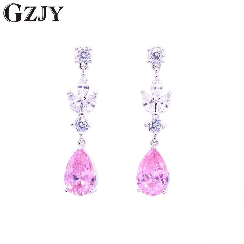 

GZJY Fashion Charming Pink Water Drop Zircon White Gold Color korean Dangle Earrings For Women Wedding Jewelry Gift brincos