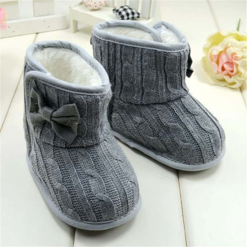 Baby Girl Knitted Boots Bowknot Faux Fleece Soft Sole Shoes Kids Woolen Yam Knitted Fur Winter Snow Boots
