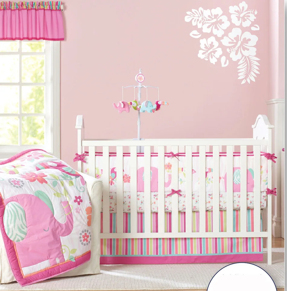 7pcs Embroidery Pink Elephant Cotton Baby Bedding Sets For Crib
