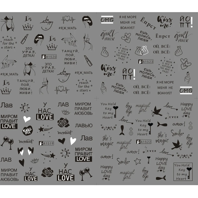 12 узоров листья ногтей Водные Наклейки с надписями бабочка переводная слайдер русские буквы сексуальная девушка дизайн ногтей стикер набор
