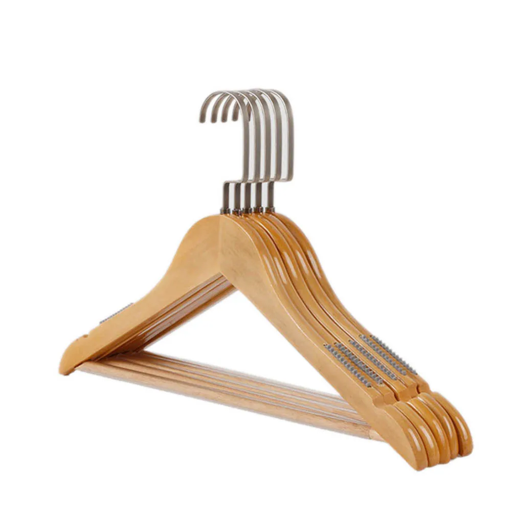 5 Pcs/Set Hangers Natural Wooden Coat Clothes Non Slip Bar Hanger TB